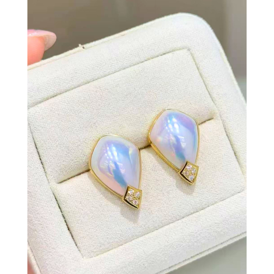 5A Mabe Earring in 18K Gold - Diamond Seawater Japanese Mabe - Blue
