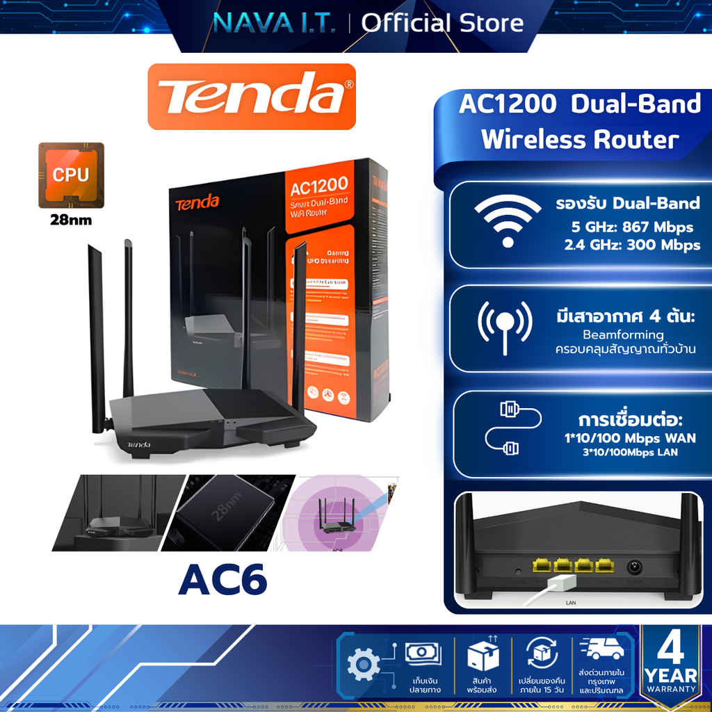 Tenda AC6 Dual-band AC1200 Smart WiFi Router รับประกัน 4 ปี