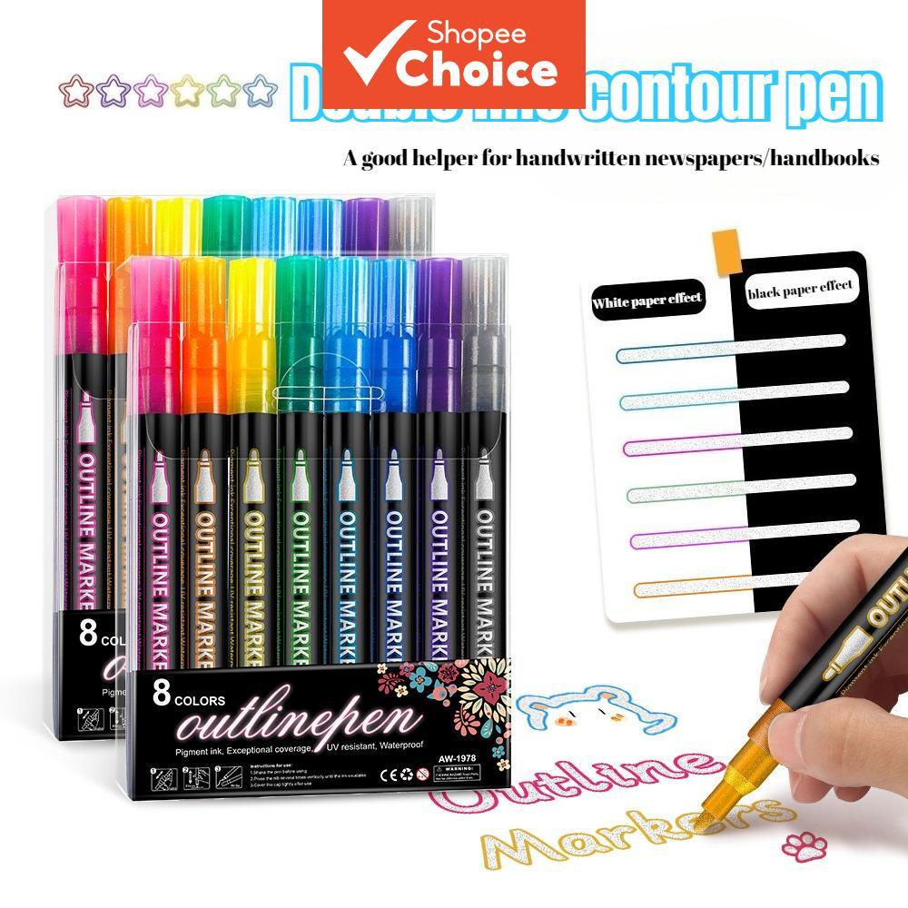 Double Line Outline ชุดปากกา 8-48 สี Fluorescent Marker จิตรกรรมแปรงสําหรับการ์ดคริสต์มาส DIY Creative Hand Copied หนังสือพิมพ์เครื่องเขียน