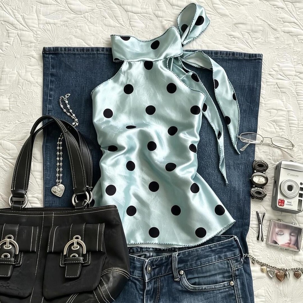 Mint สีเขียว Polka Dot Halter คอสลิงผู้หญิงฤดูร้อน High-End ซาตินแขนกุดสไตล์คนดังเสื้อริบบิ้น 4.24