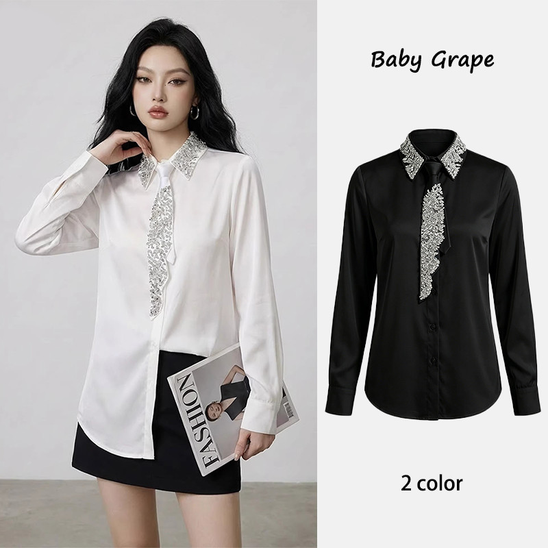 Baby Grape#เสื้อเชิ้ตผ้าซาตินคอปกประดับคริสตัลสวยหรู แขนยาวสไตล์สาวเท่ ใส่ไปทำงาน/งานปาร์ตี้ได้#99398