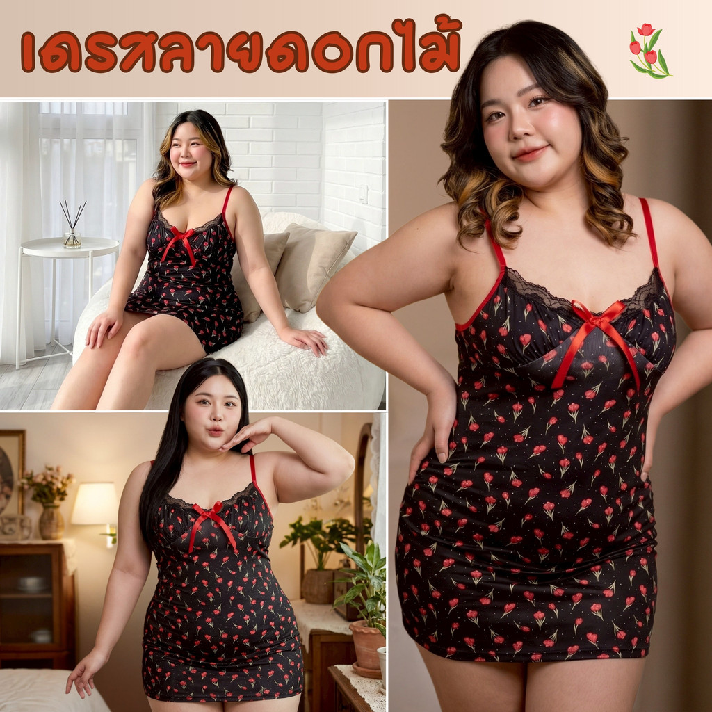 SUPER SEXY ชุดนอนสายเดี่ยวสาวอวบ ชุดนอนลายดอกไม้ พร้อมส่ง 💞สาวอวบไซส์ใหญ่ M-651