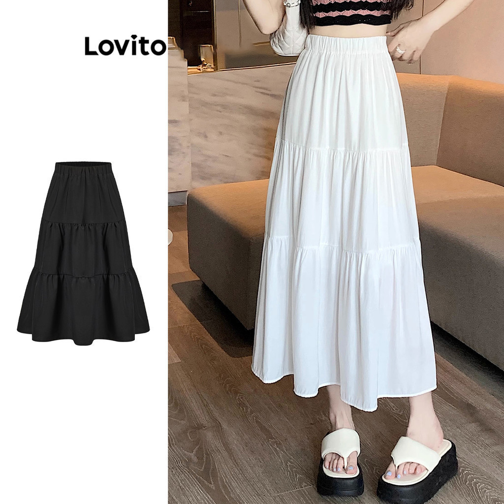 Lovito กระโปรงผู้หญิงน่ารักฤดูร้อน/ฤดูใบไม้ผลิ กระโปรงชายระบายธรรมดา Lna30087 (สีขาว)