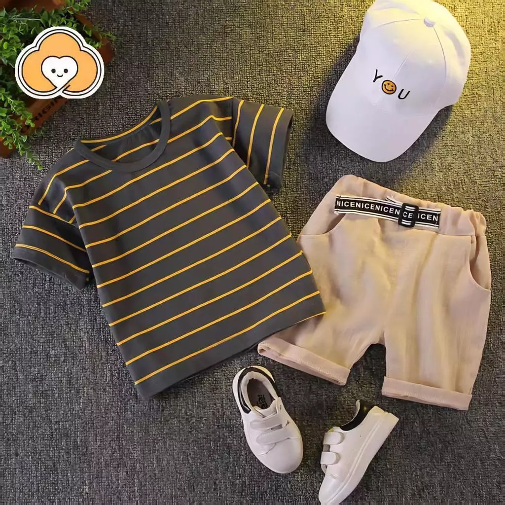 [Cotton Life]เสื้อยืดแขนสั้นลายทางเด็กผู้ชาย กางเกงลำลอง ใส่ไปโรงเรียน ออกไปเที่ยว
