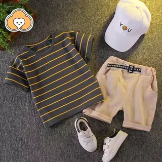 [Cotton Life]เสื้อยืดแขนสั้นลายทางเด็กผู้ชาย กางเกงลำลอง ใส่ไปโรงเรียน ออกไปเที่ยว