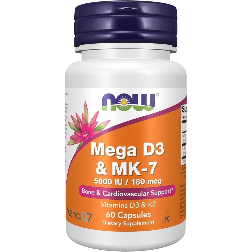 NOW ss Mega D3 & MK7 พร้อม s D3 & K2 5000 IU180 mcg B & พอร์ตหัวใจ* 60 แคปซูลผัก