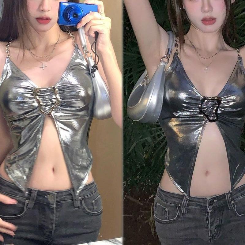 เสื้อสายเดี่ยว สีเมทัลลิค เว้าเอว เสื้อครอป สายเดี่ยวเปิด เทรนด์เซ็กซี่ แนวเกาหลี ผ้าคุณภาพสูง