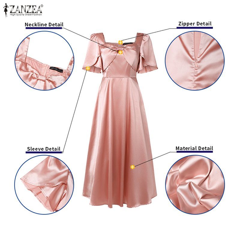 ZANZEA ผู้หญิงเกาหลีชุดราตรีอย่างเป็นทางการสแควร์คอกลีบแขน Bowknot Design A-Swing Dresses — صورة 7