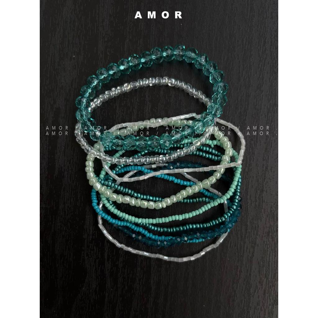 บล็อกเกอร์เกาหลี สร้อยข้อมือลูกปัดไล่ระดับสีฟ้าสีเขียวสไตล์เดียวกันวันหยุดชายทะเลหลายห่วงไวท์เทนนิ่งอเนกประสงค์ บีฟ เครื่องประดับมือ