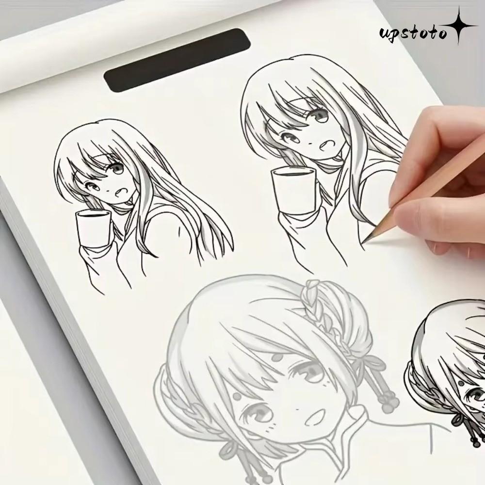 หนังสือวาดภาพมือ UPSTOTO, ภาพวาดฝึกหัด Hand-Drwn Outlines Line Art Draw Book, อะนิเมะเรียบง่าย 48 หน้า Line Draft Book สําหรับผู้เริ่มต้น
