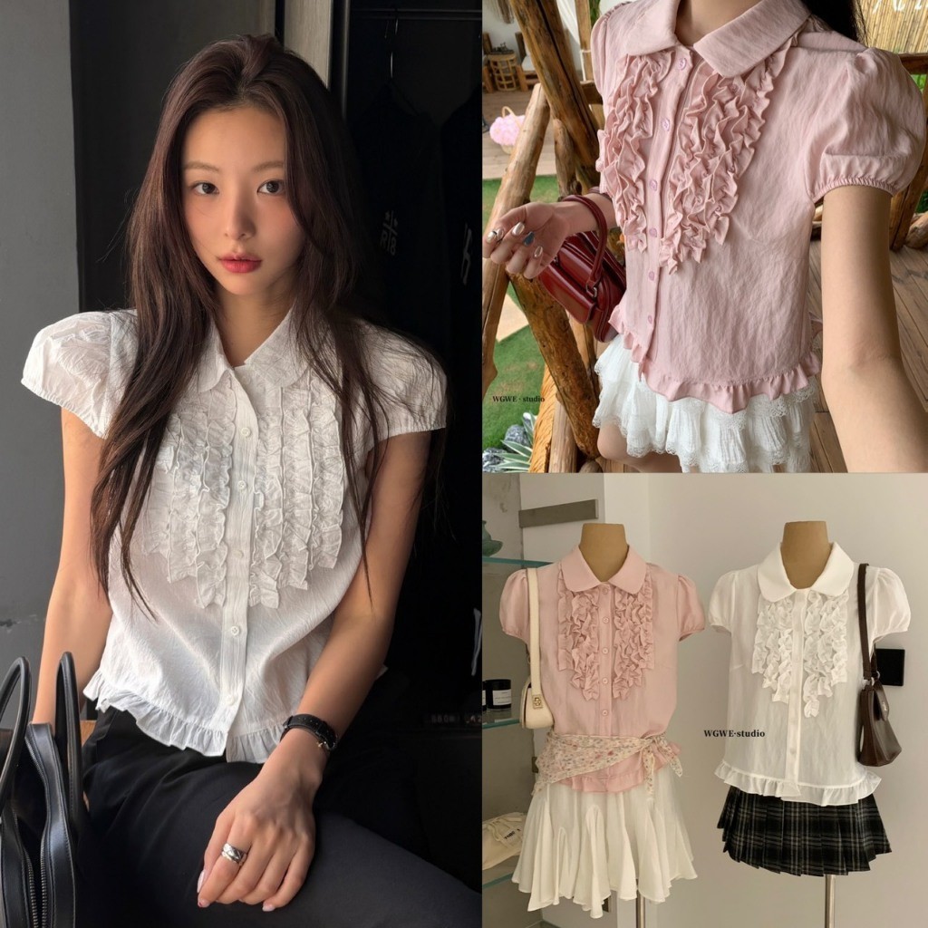 🤎 🤎 🇰🇷 W9411 เสื้อแขนสั้น คอปก แต่งกระดุม แต่งผ้าช่วงอก ผ้าดีใส่สบาย งานน่ารักมากๆค่า แฟชั่นเกาหลี TAG WG.WE ✈