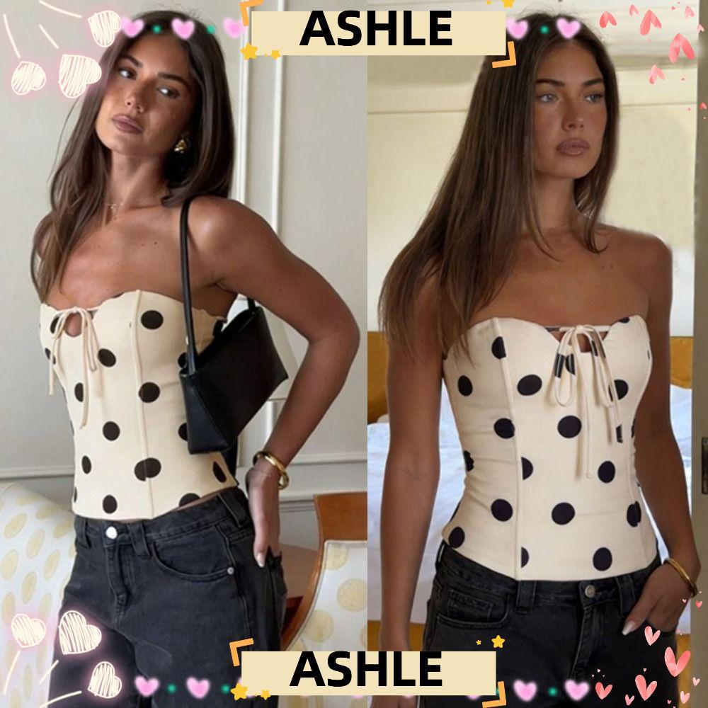 ASHLE เสื้อกล้ามเกาะอก, ผอมพอดี Y2k สไตล์ Polka Dot Top, การออกแบบการออกแบบรูปแบบ Polka Dot Hollow T