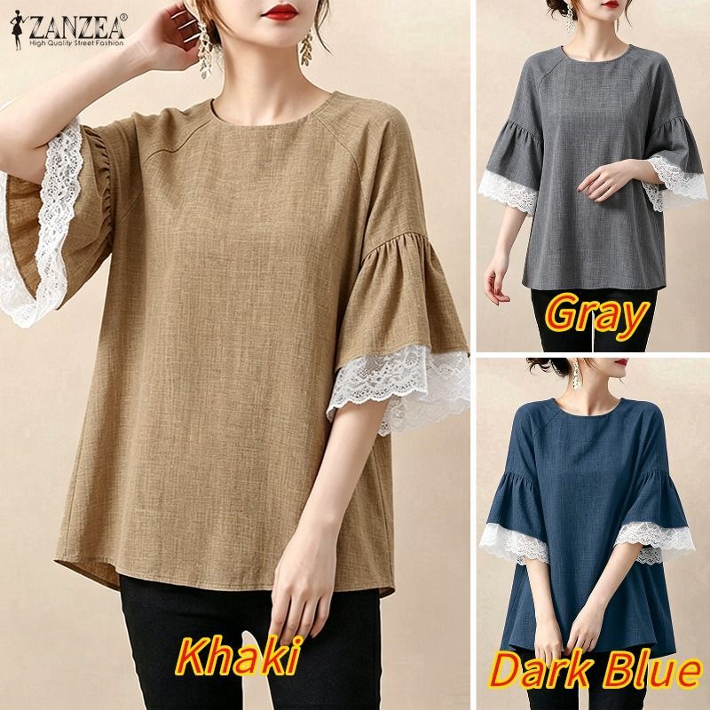 ZANZEA ใส่ ซานเซีย ผู้หญิงเกาหลีสบายๆรอบคอครึ่งแขนหลวมนัวเนียแขนลูกไม้ ประกบกัน เสื้อ — صورة 3
