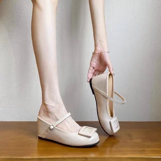 JINxCHOY สไตล์ย้อนยุคฝรั่งเศสสไตล์ใหม่ PU Low-Top รองเท้ารอบ Toe ยางสุภาพสตรีสวมใส่ด้านนอก Anti-Slip ทนต่อการสึกหรอ Factor