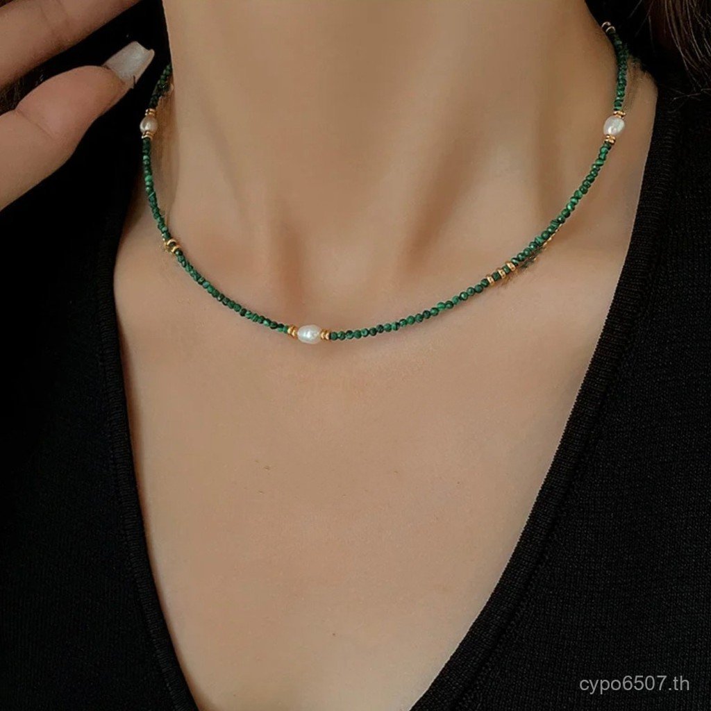 Zirconium Niche ลูกปัด Malachite จี้ Xiaomi Retro แขวนหินมรกตน้ําจืดลูกปัดมุกสร้อยคอ Classy Chain Cl
