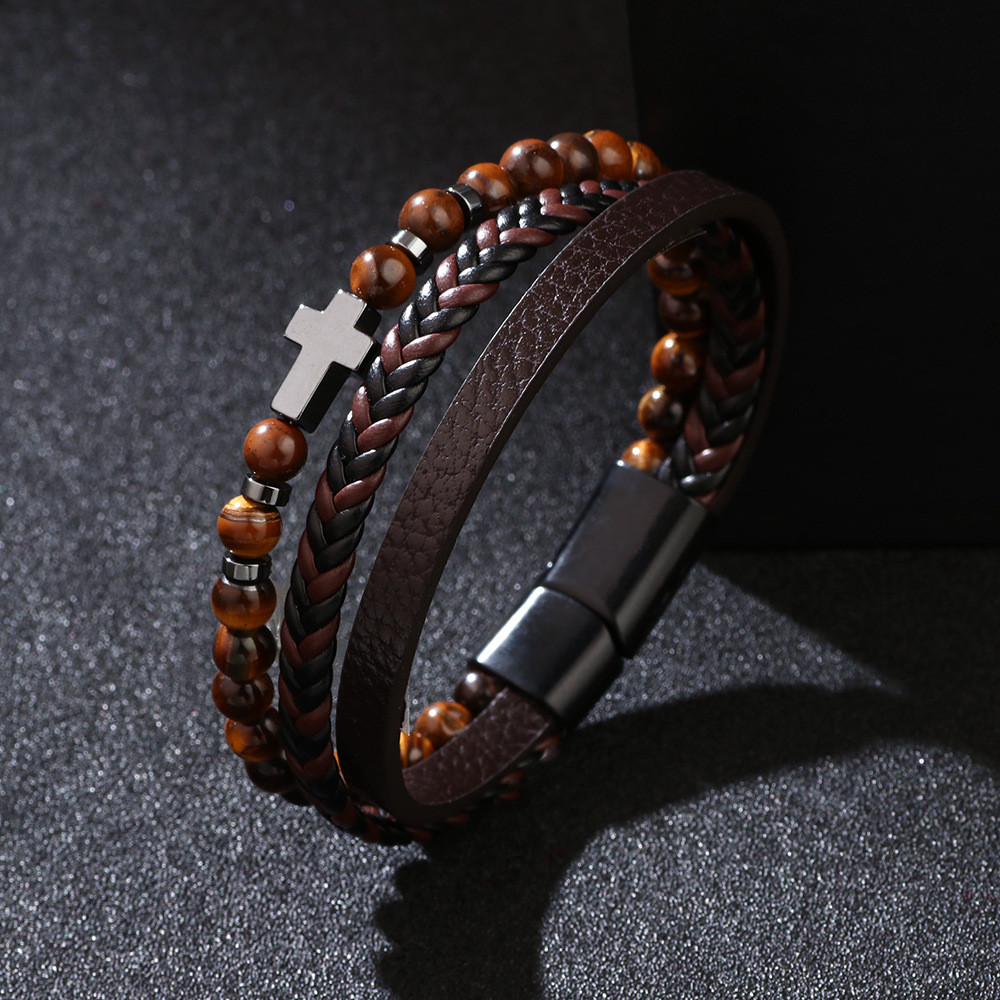 Multi-Layer Black Gallstone Bracelet Weaving PU Tiger Eye Stone Frosted Stone Bracelet 26.8