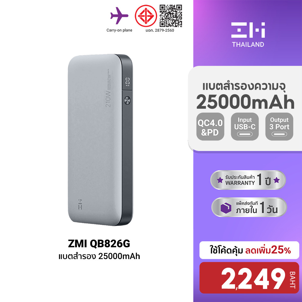 [ลดเหลือ 2249] ZMI QB826G Powerbank แบตสำรอง 210W ความจุ 25000mAh USB-A 100W,USB-C 100W ชาร์จไว -1Y