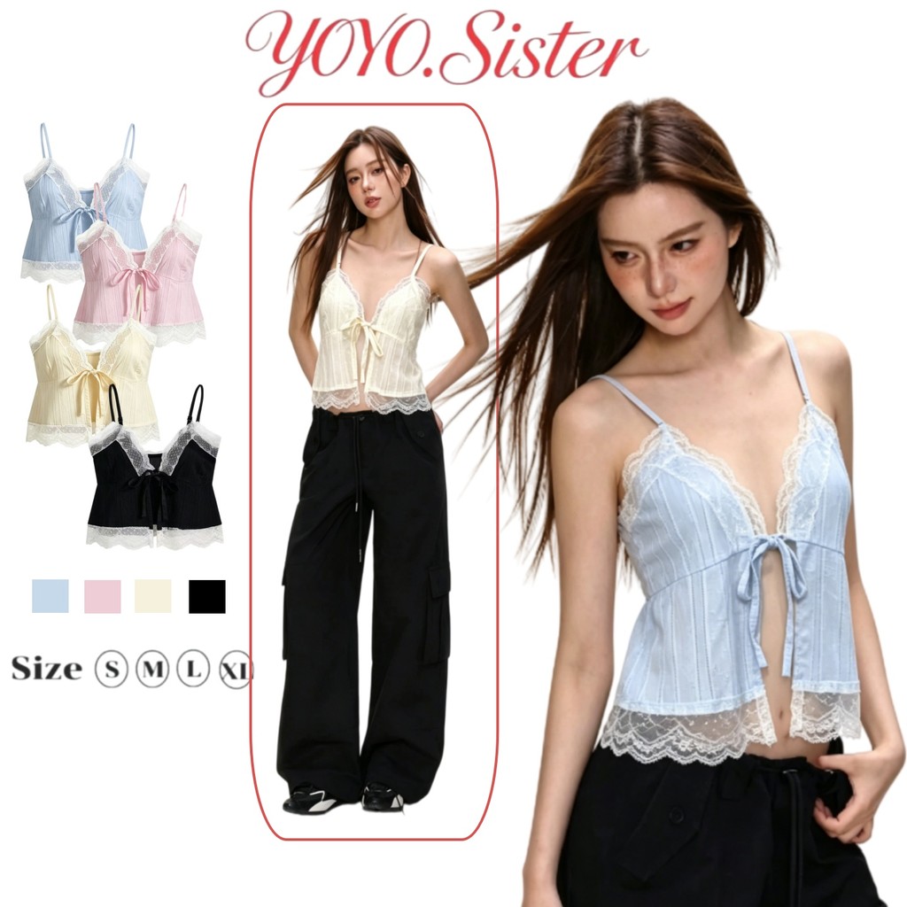 YOYO พร้อมส่ง🌈เสื้อสายเดี่ยวลูกไม้🌈ลูกไม้ระบายล่าง สไตล์เซ็กซี่น่ารัก ผู้หญิงสายแฟ ทรงครอปแต่งโบว์หน้า-หลัง