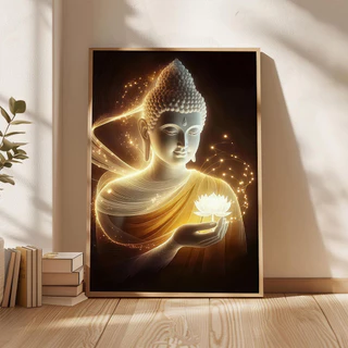 ภาพวาดติดผนังพระพุทธรูป ดอกบัวโมเดิร์น 3 ชิ้น ตกแต่งห้องนั่งเล่น-ห้องนอน แสดงความศรัทธาสวยงาม