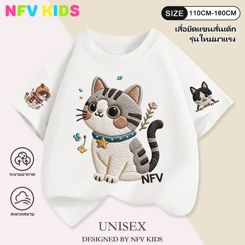 【พร้อมส่ง&COD】NFV KIDS ใส่ได้ทั้งเด็กชายและเด็กหญิง🌟เสื้อยืดแขนสั้นเด็ก ระบายอากาศ ทรงหลวม ลายแมวน่ารัก ผ้าฝ้าย YG5596