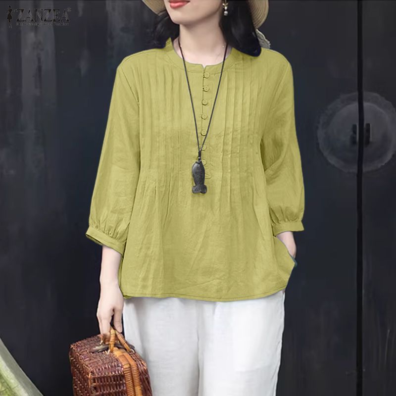 ZANZEA เสื้อเชิ้ตสีทึบแขนยาวสไตล์เกาหลีสําหรับผู้หญิง — صورة 5