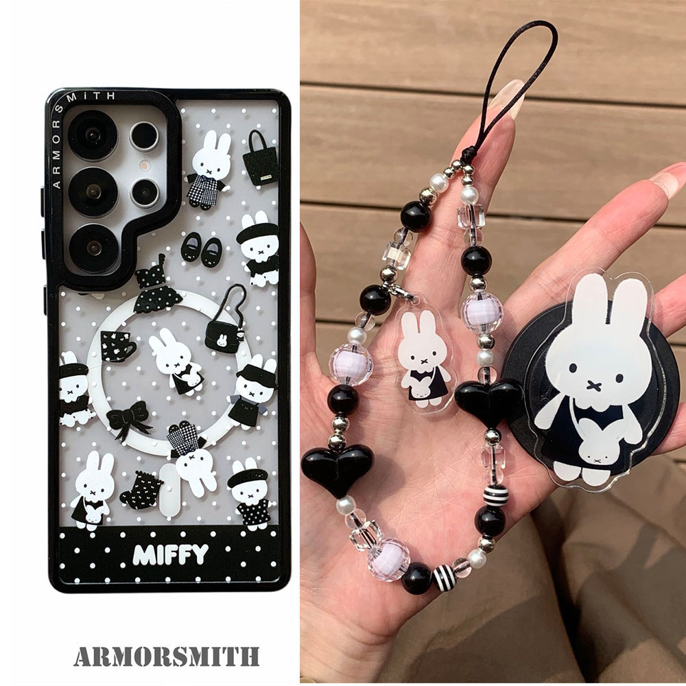 ฝาหลังสําหรับ Samsung Galaxy S26 Ultra S25 Plus S24 S23 กรณีสีดําสีขาว Miffy Bunny Bracket Magnetic Attraction สายรัดข้อมือสร้อยข้อมือกันกระแทกเคสโทรศัพท์