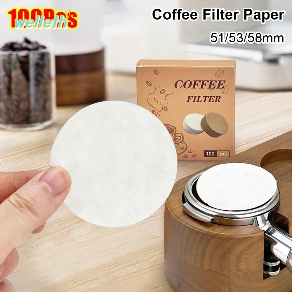 WELLETH 100 ชิ้นกระดาษกรองน้ํา, Universal 51/53/58 มม.กระดาษกรองกาแฟ,ทนทานรอบทิ้ง Espresso Portafilter อุปกรณ์เสริม Barista เครื่องมือ