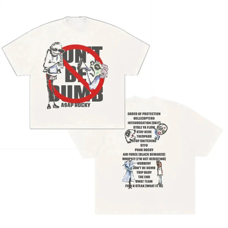 เสื้อยืดคอโอเวอร์ไซส์สีเบจอ่อนสำหรับผู้ชาย 100% ผ้าฝ้าย ลายอัลบั้ม "ASAP Rocky Don't Be Dumb" เสื้อย