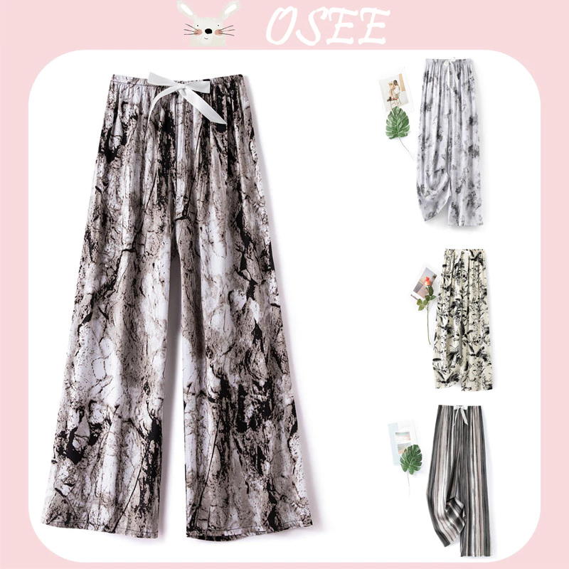 OSEE กางเกงผ้าฝ้ายไหมขายาวขากว้างลายทางสำหรับผู้หญิง