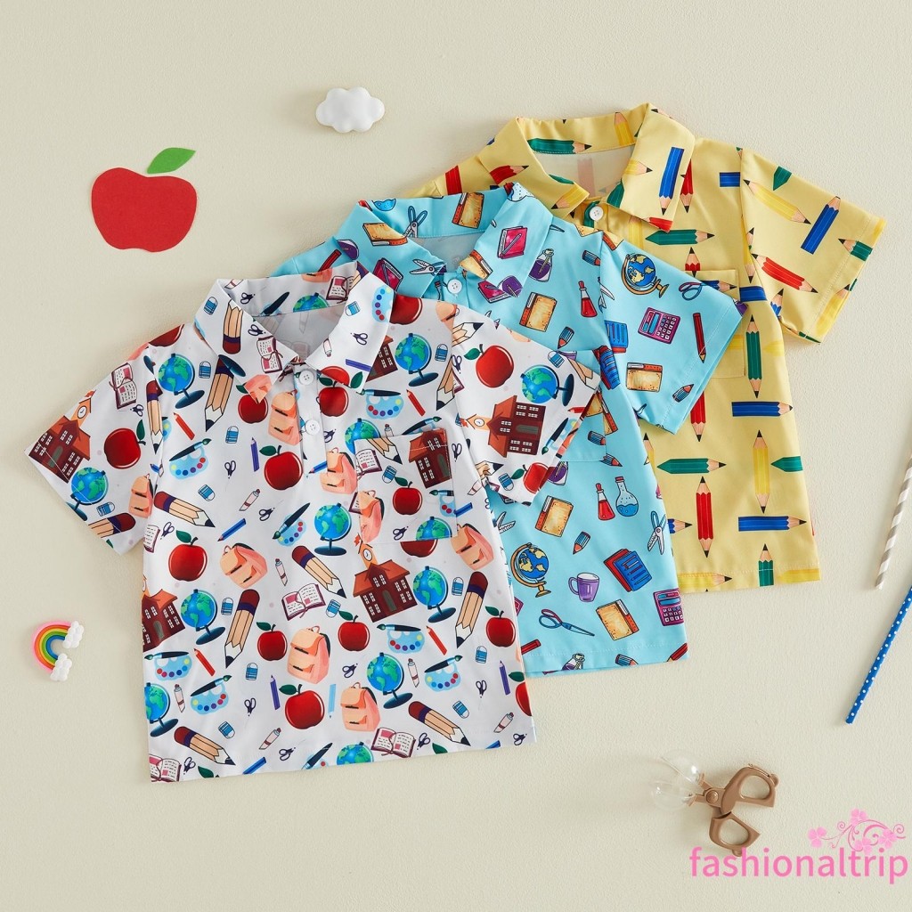 [FaSh] Kids Boys Casual Tops Loose Fit Stylish Print Half Button Up Collared Short Sleeve Back To Sc