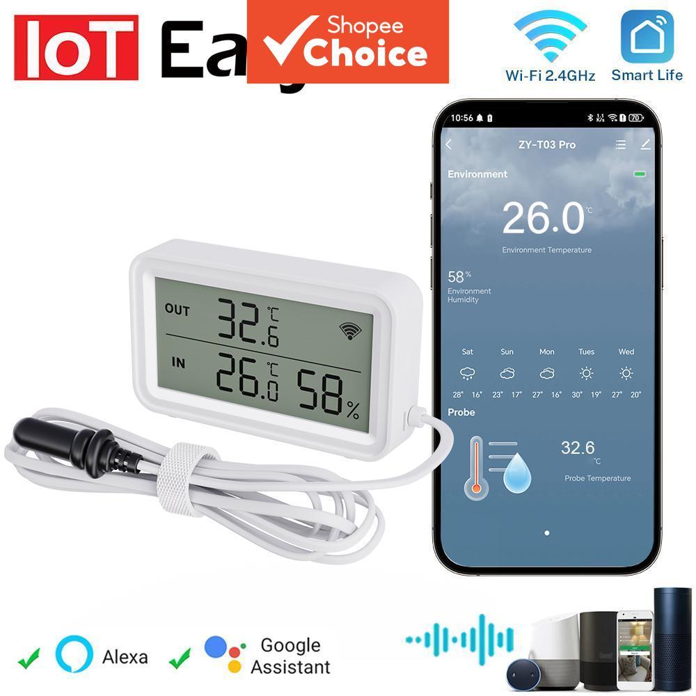 สําหรับ Tuya Wifi อุณหภูมิและความชื้นเซนเซอร์ดิจิตอล LCD ทํางานสะดวก WithTuya Smart Life Google Assistant, พร้อมโพรบภายนอก
