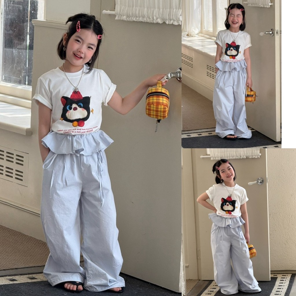 PRETTY BABY เสื้อยืดเด็ก เสื้อยืดลายการ์ตูน กางเกงขายาว แต่งขอบระบาย (2148)