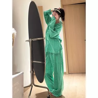 เกาหลี Lazy Stripe ชุดนอน Raya ผู้หญิงแขนยาวกางเกงขายาว Plus ขนาด Loungewear หลวมสบายๆของขวัญสวมใส่ Sedon ภายนอกชุดนอน