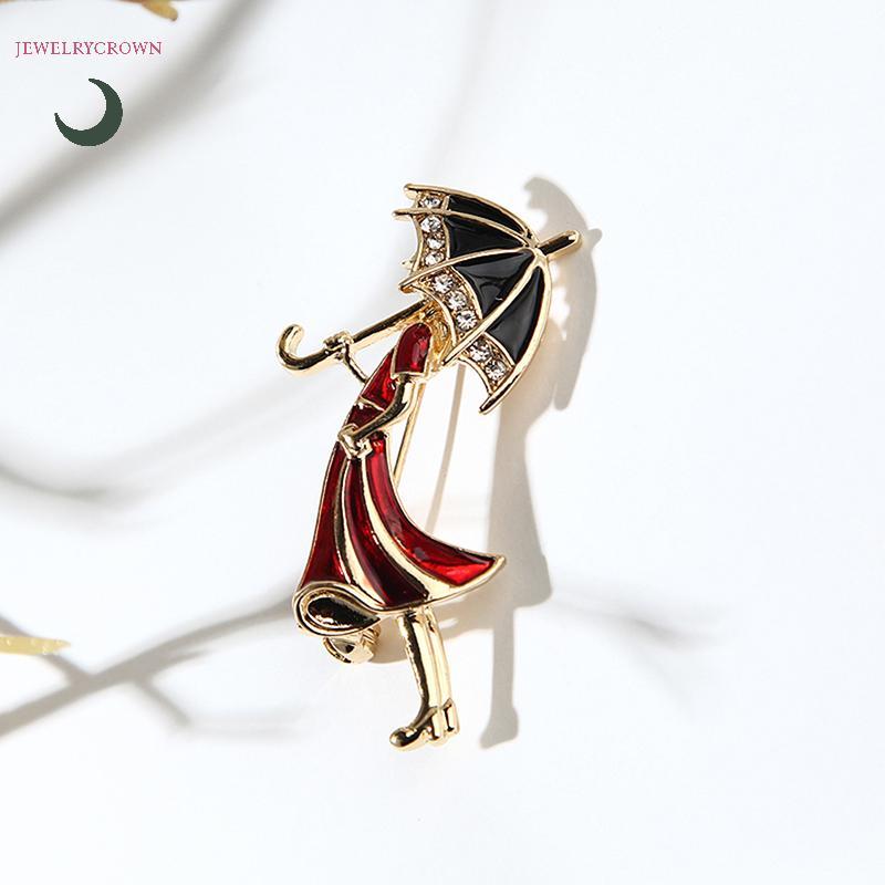เคลือบคริสตัล Rhinestone สาวสวมร่มคอเข็มกลัด Pins เครื่องประดับ [VN]