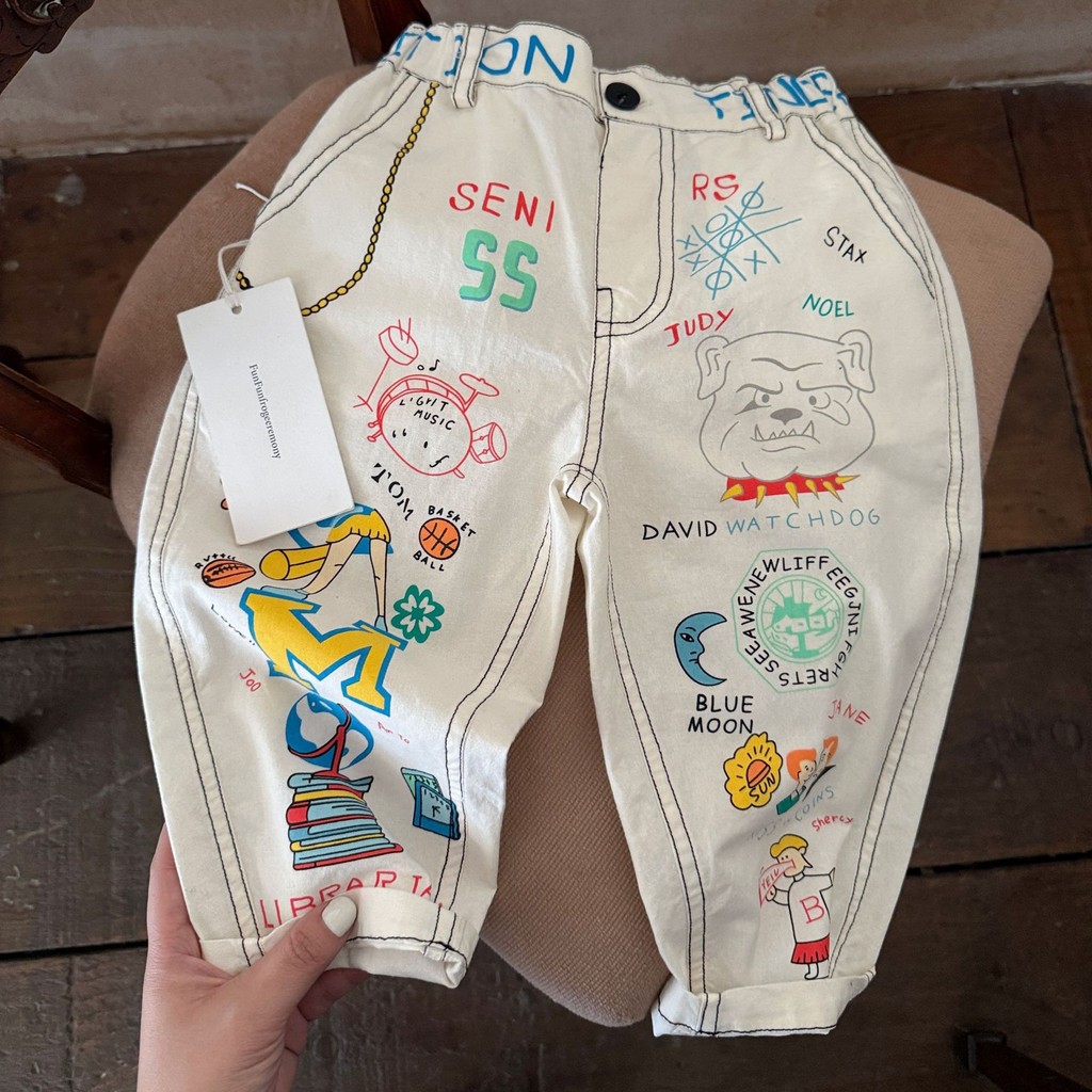 「สินค้าลิขสิทธิ์แท้」IRIS KIDS 26ss FUNFUN IKP260355 School Fun Pants เสื้อผ้าเด็ก กางเกงเด็กขายาว ใส่สบาย ลายการ์ตูนสีสด