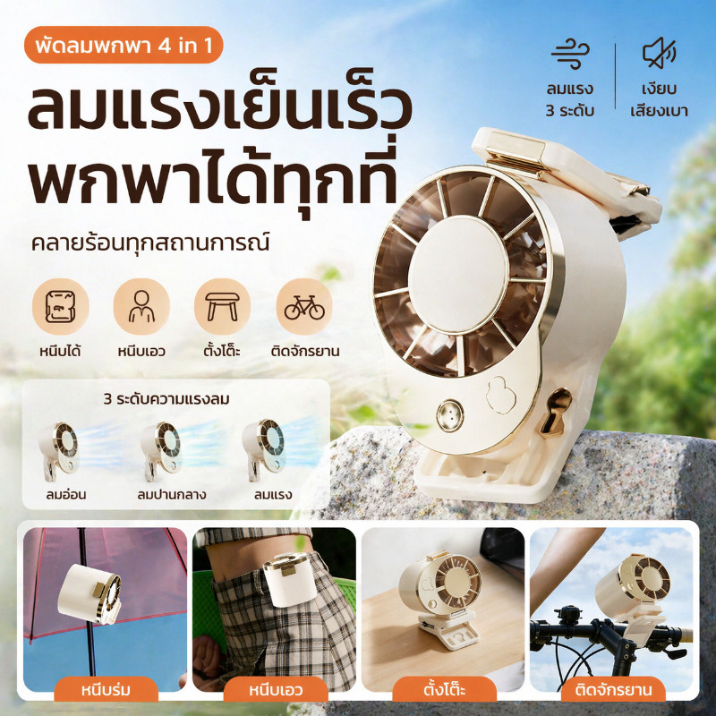 พัดลมคาดเอวแบบพกพาที่สวมใส่ได้พร้อมปรับความเร็วได้ 3 ระดับและพัดลมไฟฟ้าแบบชาร์จไฟของ Power Bank ขนาด 1000mAh