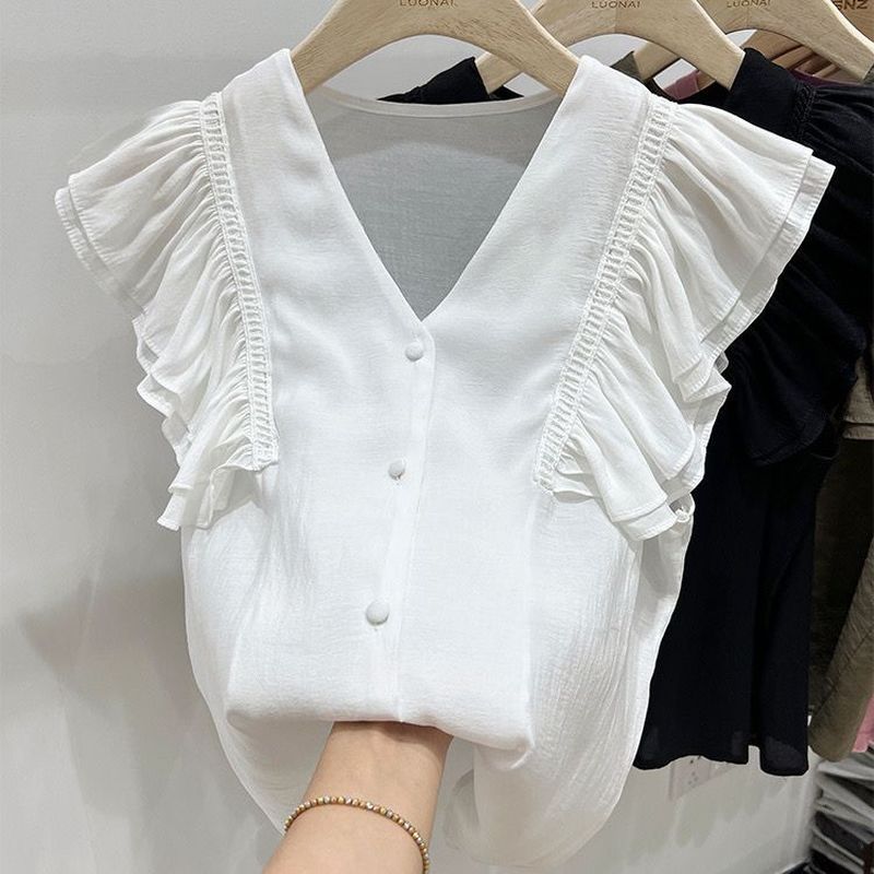 เสื้อลูกไม้ชีฟอง แบบคอวีแขนกุด สไตล์ฝรั่งเศสระดับไฮเอนด์ รูปที่ 7