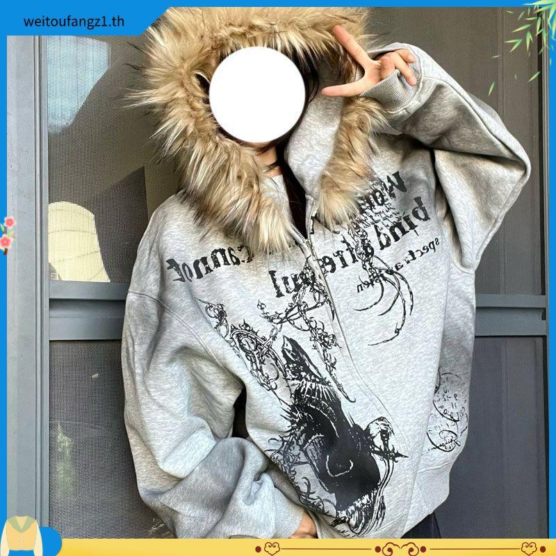 American Retro Y2k Millennium Fur Collar Zipper Hooded Jacket สําหรับผู้หญิง Dark Street Jacket
