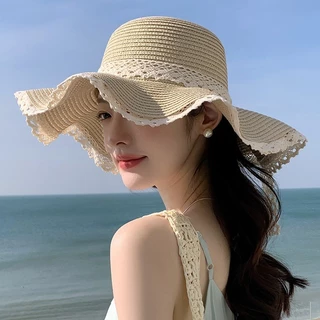 Retro Sparkle🥨👒โค้งคำนับ ขอบลูกไม้ หมวกฟางกันแดด สไตล์วันหยุด ขอบหยัก หมวกชายหาดของชาวประมง คุณภาพสูง ส่งไวจากไทย
