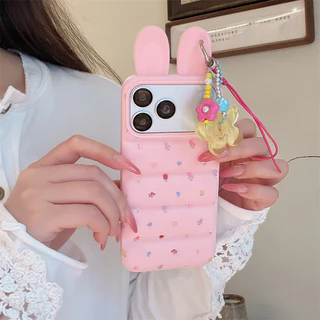 สําหรับ iPhone 17Pro Max 16 Pro Max 15 14 15Pro Max แฟชั่นเกาหลีสีม่วงสีชมพูลายดอกไม้ปกน่ารัก 3D กระต่ายหูลงเสื้อซิลิโคนกันกระแทกกรณี