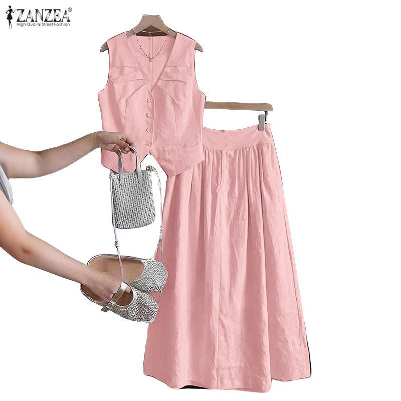 ZANZEA ซานเซีย ชุดลำลองสำหรับผู้หญิง คอวีแขนกุดและกระโปรงยาว — صورة 6