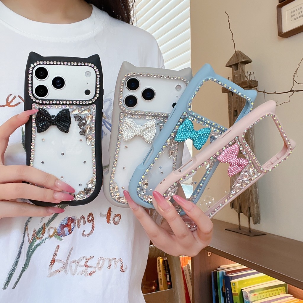 น่ารักGlitterคริสตัลRhinestonesโบว์หูแมวโปร่งใสเคสโทรศัพท์สําหรับiPhone 17 16 15 Pro Max 14Promaxปกหลัง