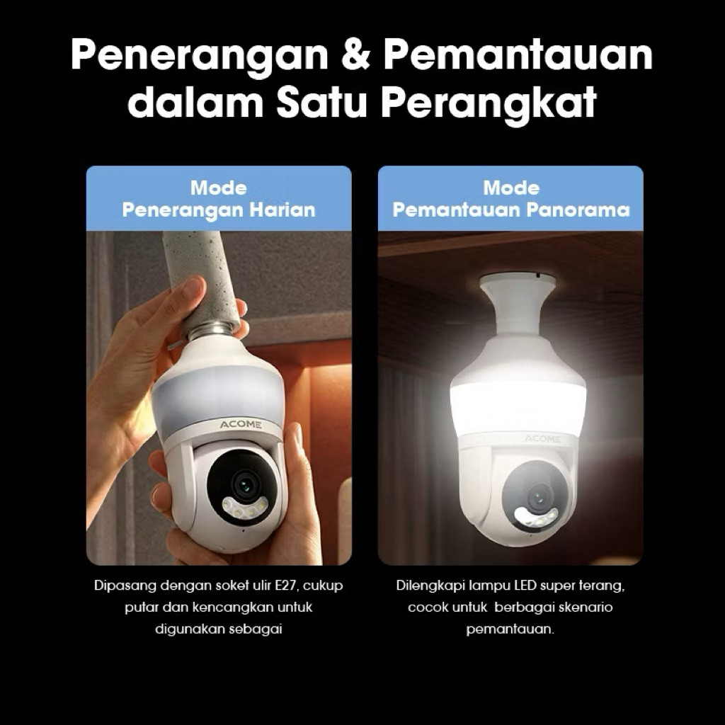 ACOME กล้องวงจรปิดกล้อง Full HD 1293P | 3MP | หมุน360° 2-Way Audio Light Night CCTV E27 AI Motion La