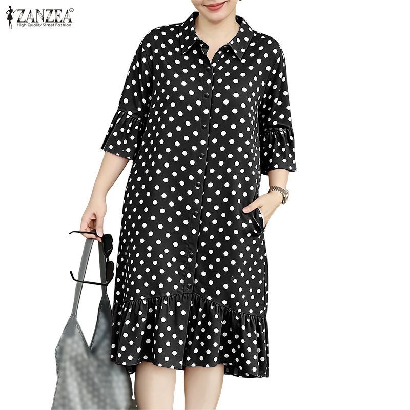 ZANZEA ผู้หญิงเกาหลี Elegant Officewear Turn-Down-Collar Ruffle แขนลายจุด Peplum Shirtdress
