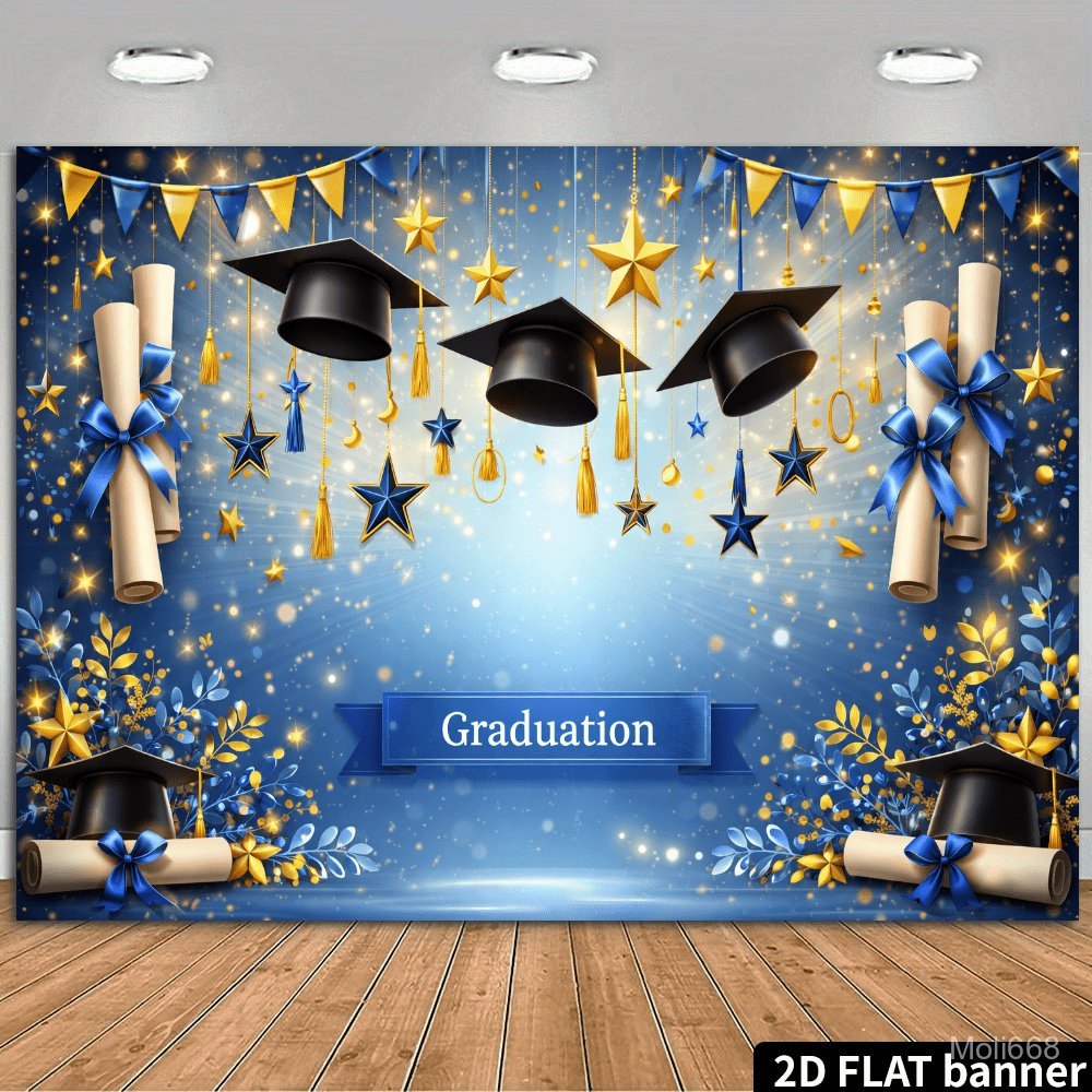 2D Flat Graduation Banner Background Decoration: Hanging Graduation Caps with Golden Stars Adorning 