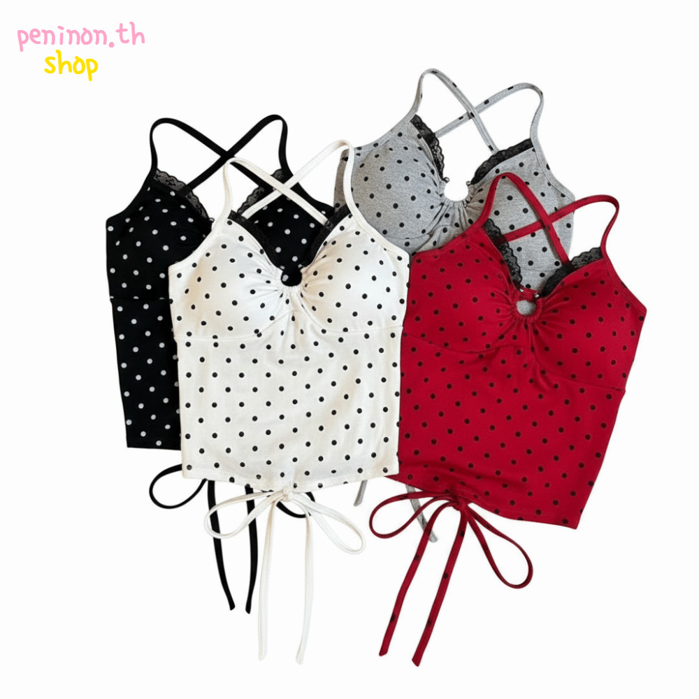PENINON Crop Vest Tops, Cross Backless Spaghetti Strap Polka Dot Cotton Tanks, แฟชั่น V คอออกแบบลูกไ