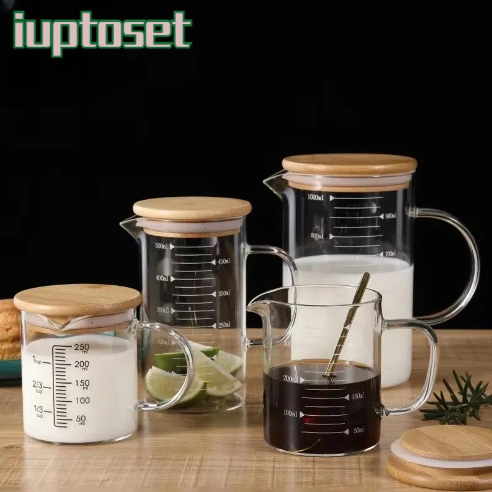IUPTOSET แก้วตวงในครัว,พร้อมถ้วยตวงฝาไม้ขนาด,แก้วไมโครเวฟปลอดภัย 250-1000ml กาต้มน้ําชานมเครื่องดื่มเตรียม