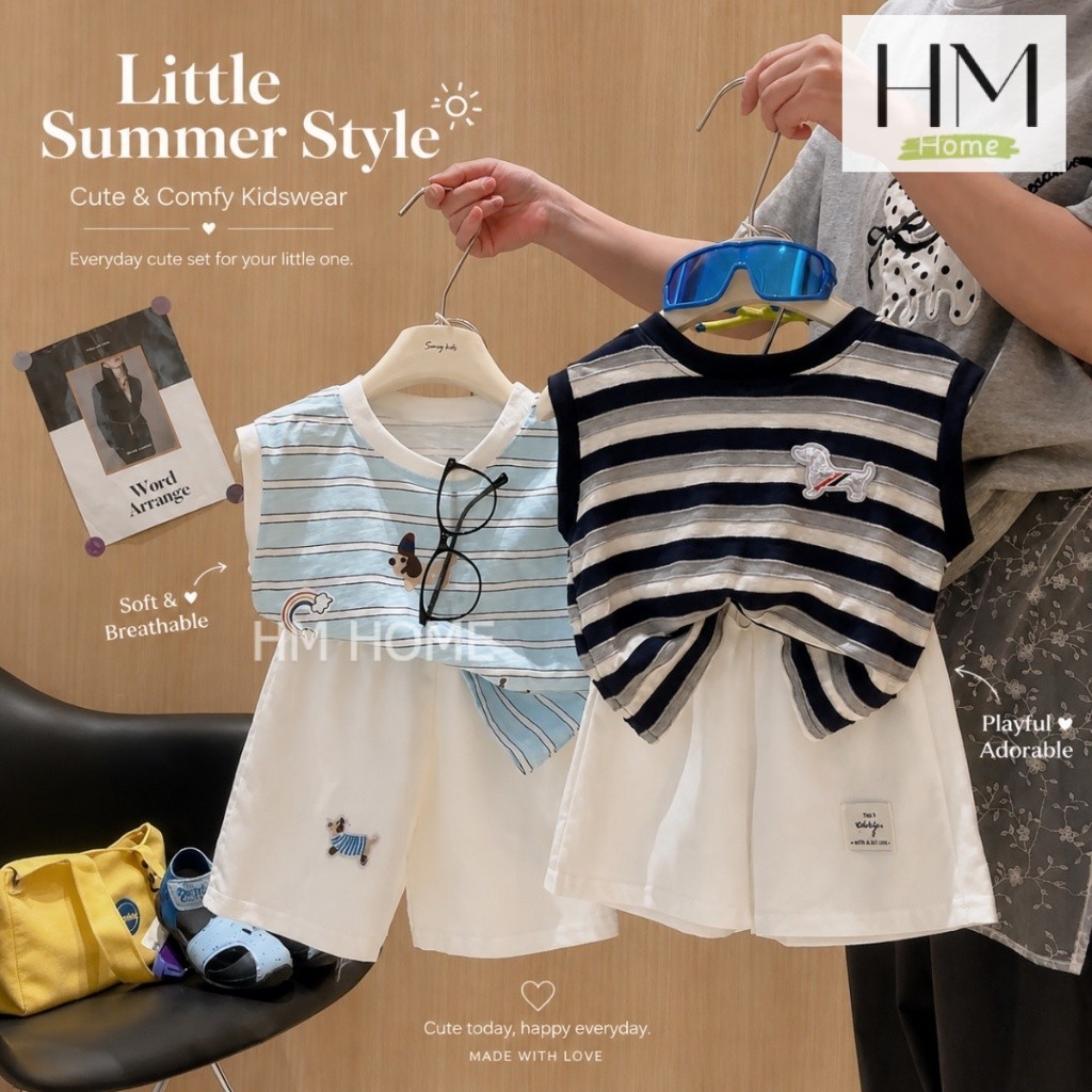 ชุดเด็กชายสุดคูล เสื้อกล้ามลายทาง + กางเกงขาสั้น ชุดเด็กชาย Summer Style ลายทางสุดคิ้วท์ Size90-120cm