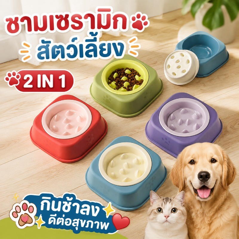 ชามอาหารช้า ชามเซรามิกสัตว์เลี้ยง 2 ใน 1 หลากหลายสี ป้องกันอาเจียน ช่วยลดการสำลัก