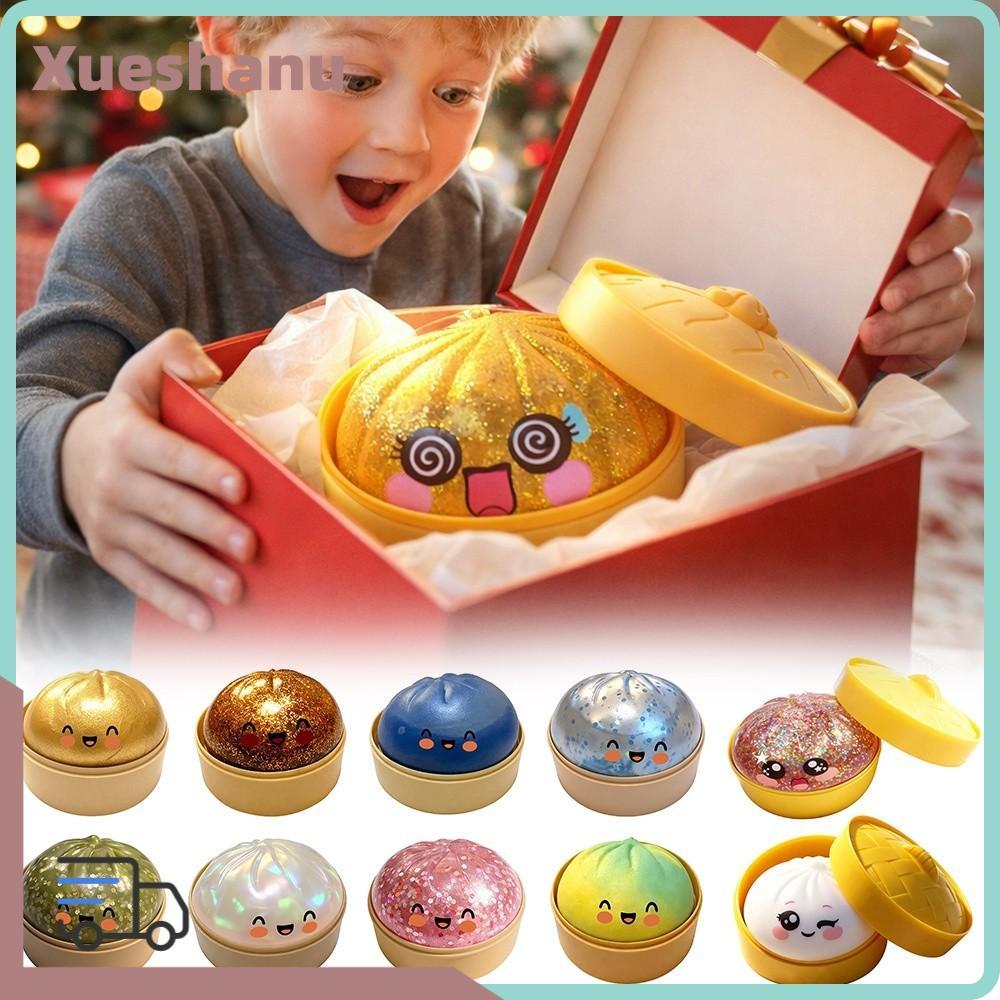 XUESEE ซาลาเปายัดไส้นึ่ง Squishy Pinch Le, Soft Glitter Dumplings Box Squishy Toy, Fidget with Steamer Slow Resilience Squishy Toy เครื่องมือผ่อนคลาย
